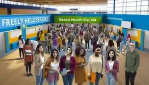 Students and educators interacting with MHFA materials in a school.