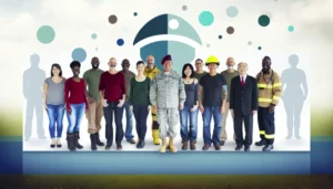 Symbolic unity of veterans and responders with mental health awareness themes.